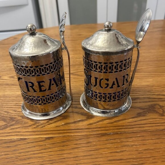 Vintage Sugar and Cream Containers - Cobalt Blue Plastic Insert Containers in Si - Picture 1 of 9